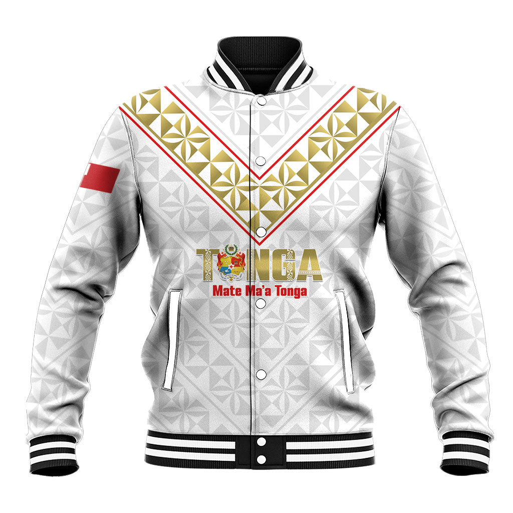 Mate Maa Tonga Rugby Custom Baseball Jacket 2026 Tongan Ngatu Pattern LT14 Unisex White - Polynesian Pride