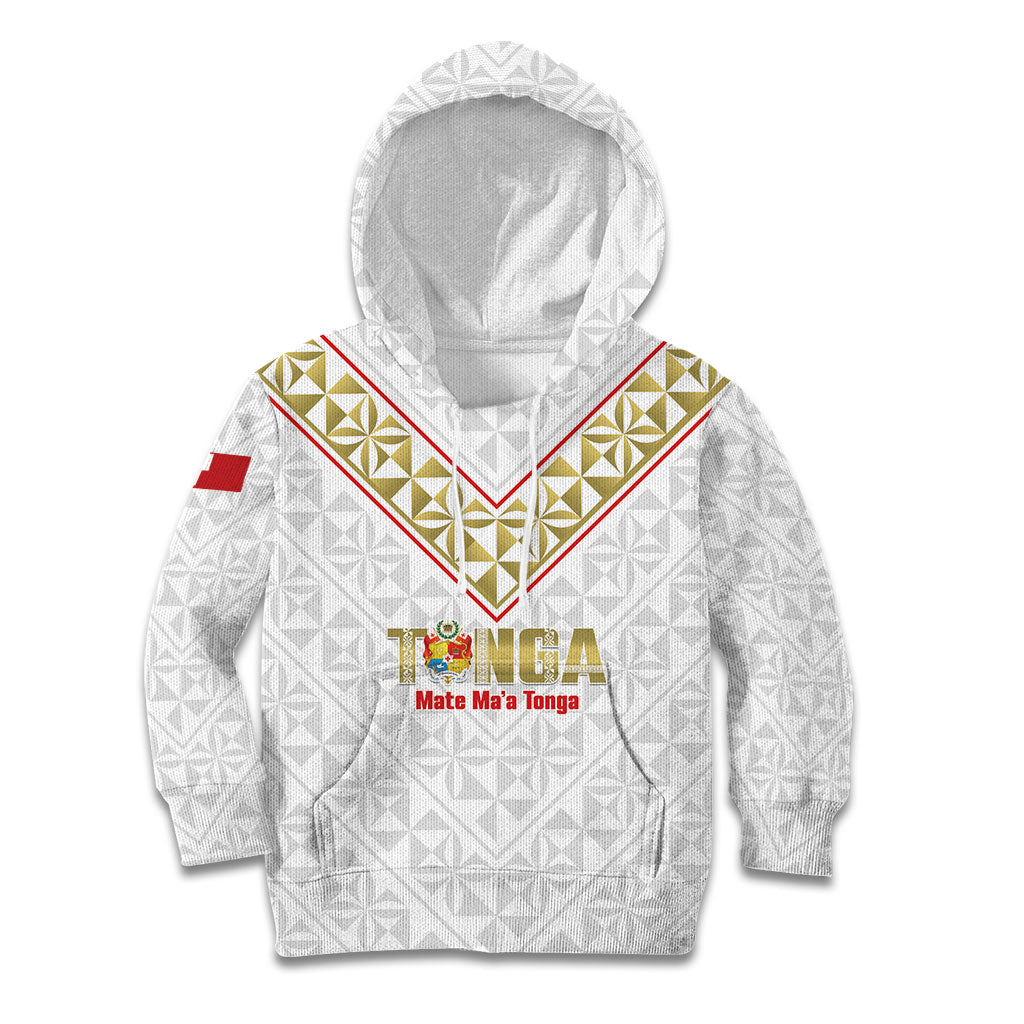 Mate Maa Tonga Rugby Custom Kid Hoodie 2026 Tongan Ngatu Pattern LT14 Hoodie White - Polynesian Pride