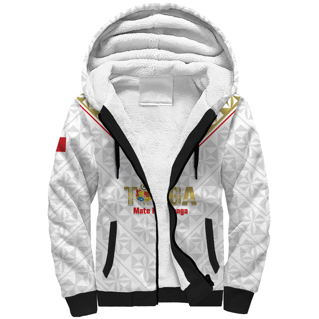 Mate Maa Tonga Rugby Custom Sherpa Hoodie 2026 Tongan Ngatu Pattern LT14 Unisex White - Polynesian Pride