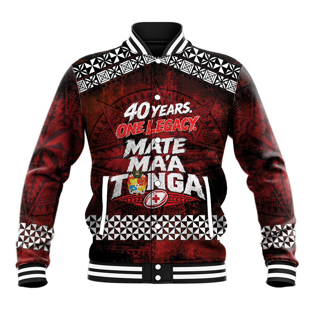 Mate Maa Tonga Rugby 2026 Baseball Jacket 40 Years Anniversary One Legacy LT14 Unisex Red - Polynesian Pride