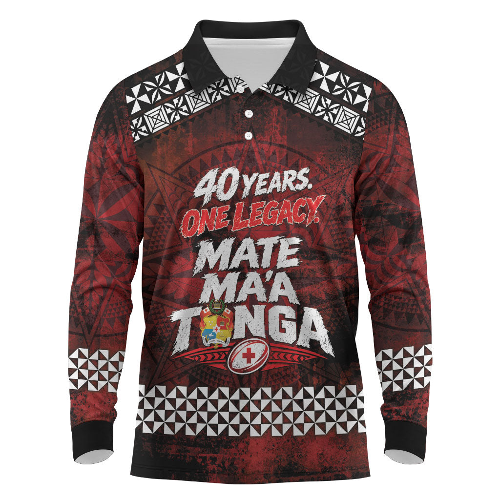 Mate Maa Tonga Rugby 2026 Long Sleeve Polo Shirt 40 Years Anniversary One Legacy LT14 Red - Polynesian Pride