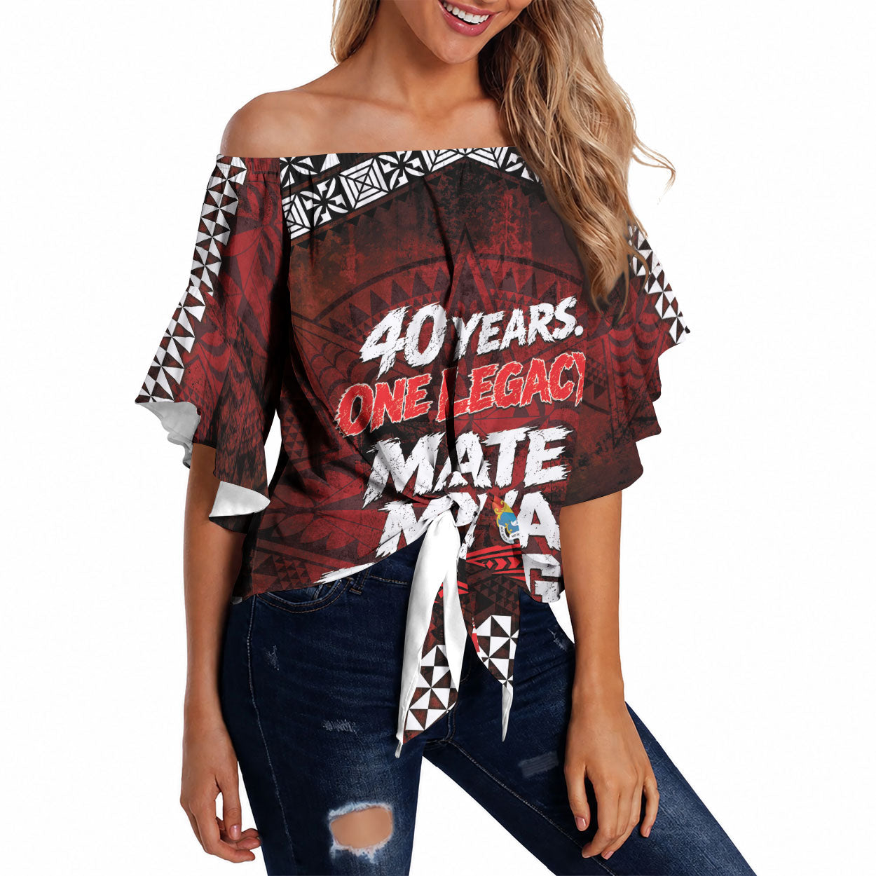 Mate Maa Tonga Rugby 2026 Off Shoulder Wrap Waist Top 40 Years Anniversary One Legacy LT14 Red - Polynesian Pride