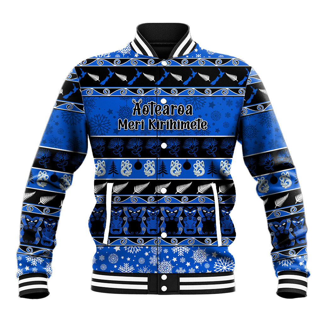 Personalised New Zealand Christmas Baseball Jacket Aotearoa Kiwi Meri Kirihimete Blue Version LT14 Unisex Blue - Polynesian Pride