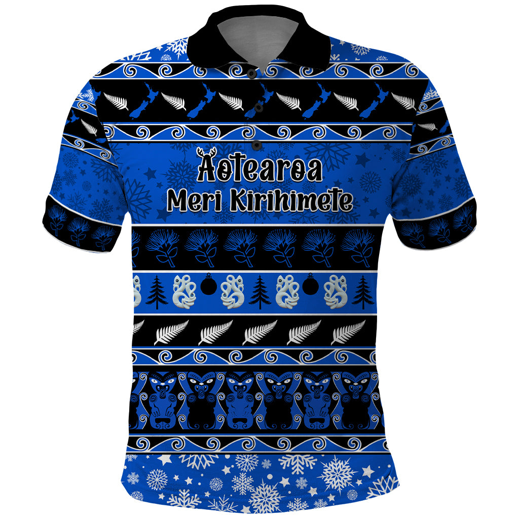 Personalised New Zealand Christmas Polo Shirt Aotearoa Kiwi Meri Kirihimete Blue Version LT14 Blue - Polynesian Pride