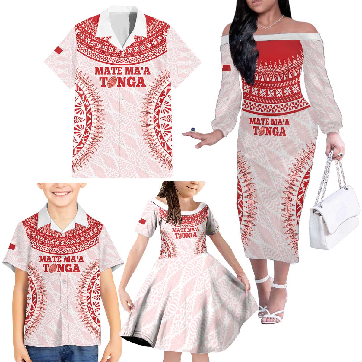 Custom Tonga Mate Maa Family Matching Off The Shoulder Long Sleeve Dress and Hawaiian Shirt Go Champions Tongan Ngatu - White