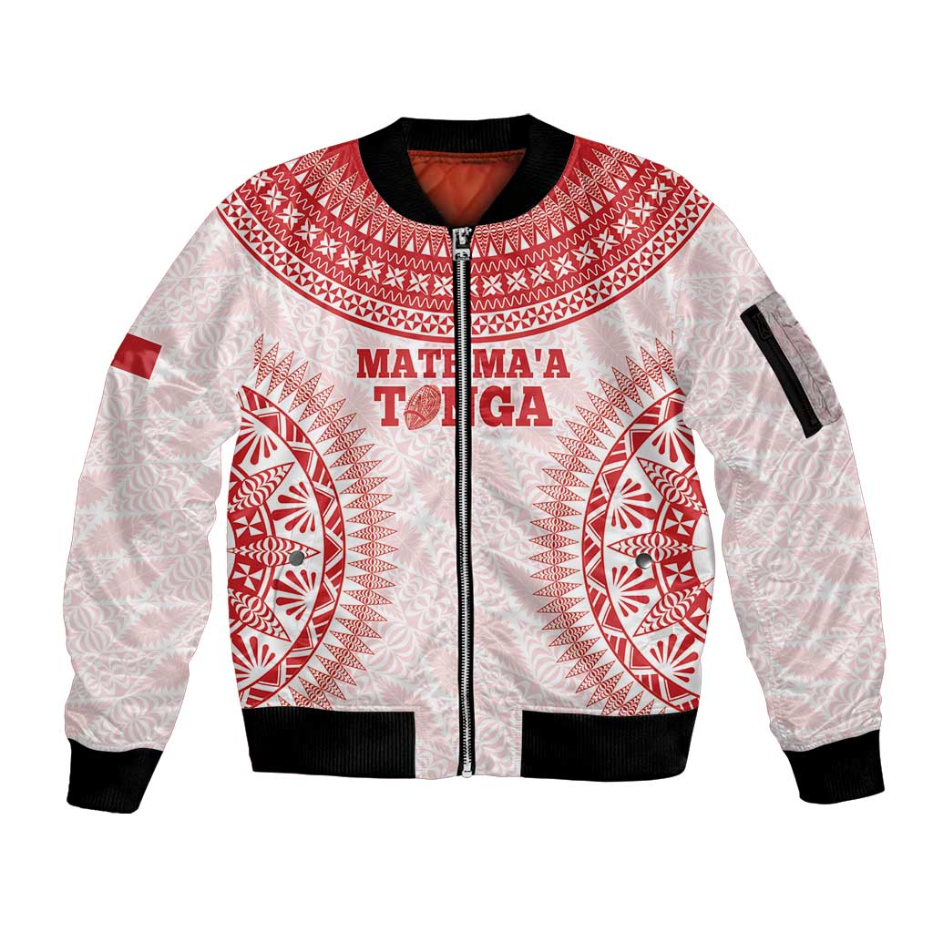 Custom Tonga Mate Maa Sleeve Zip Bomber Jacket Go Champions Tongan Ngatu - White LT14 Unisex White - Polynesian Pride