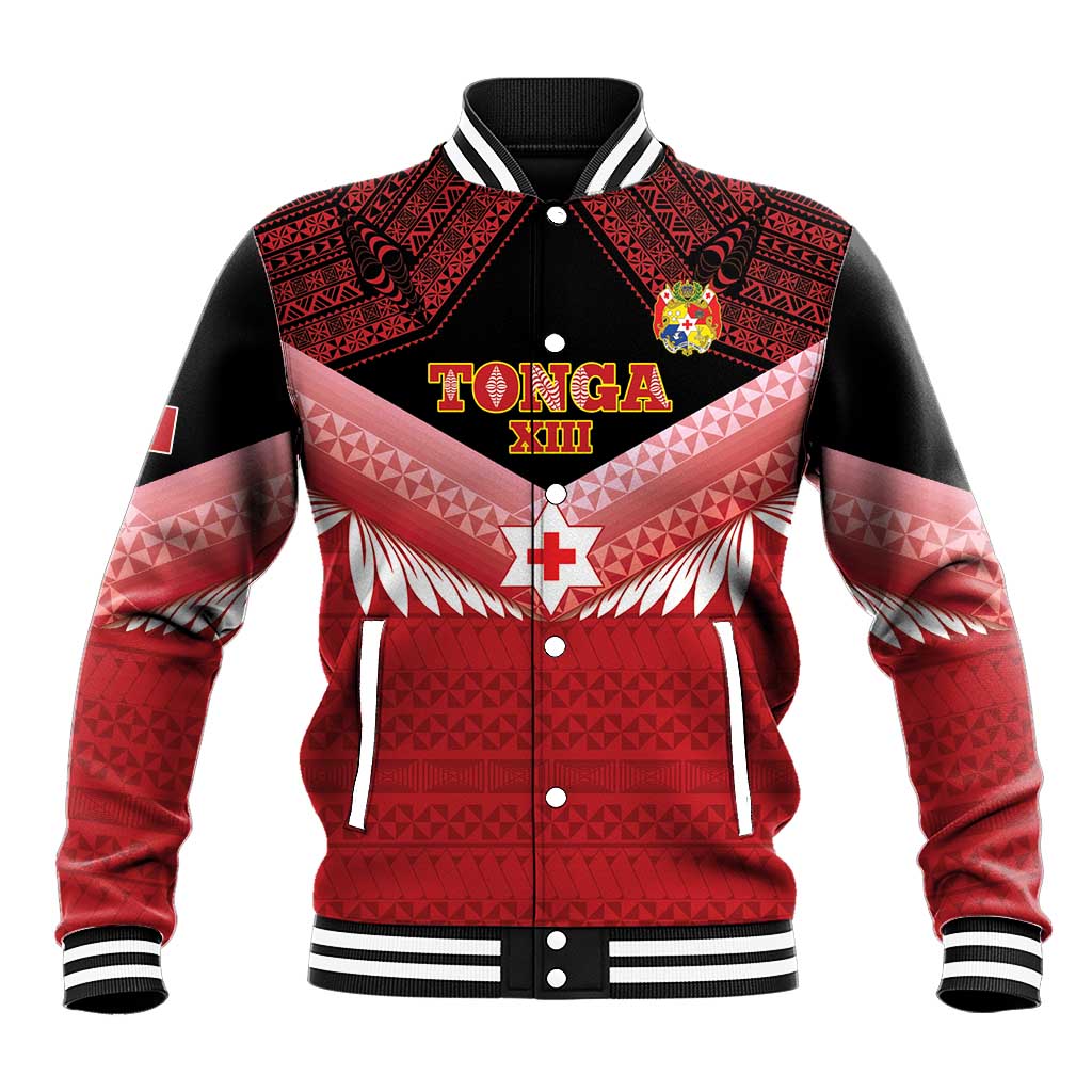 Custom Mate Maa Tonga XIII Baseball Jacket Tongan Kupesi Ngatu - Rugby Style LT14 Unisex Red - Polynesian Pride