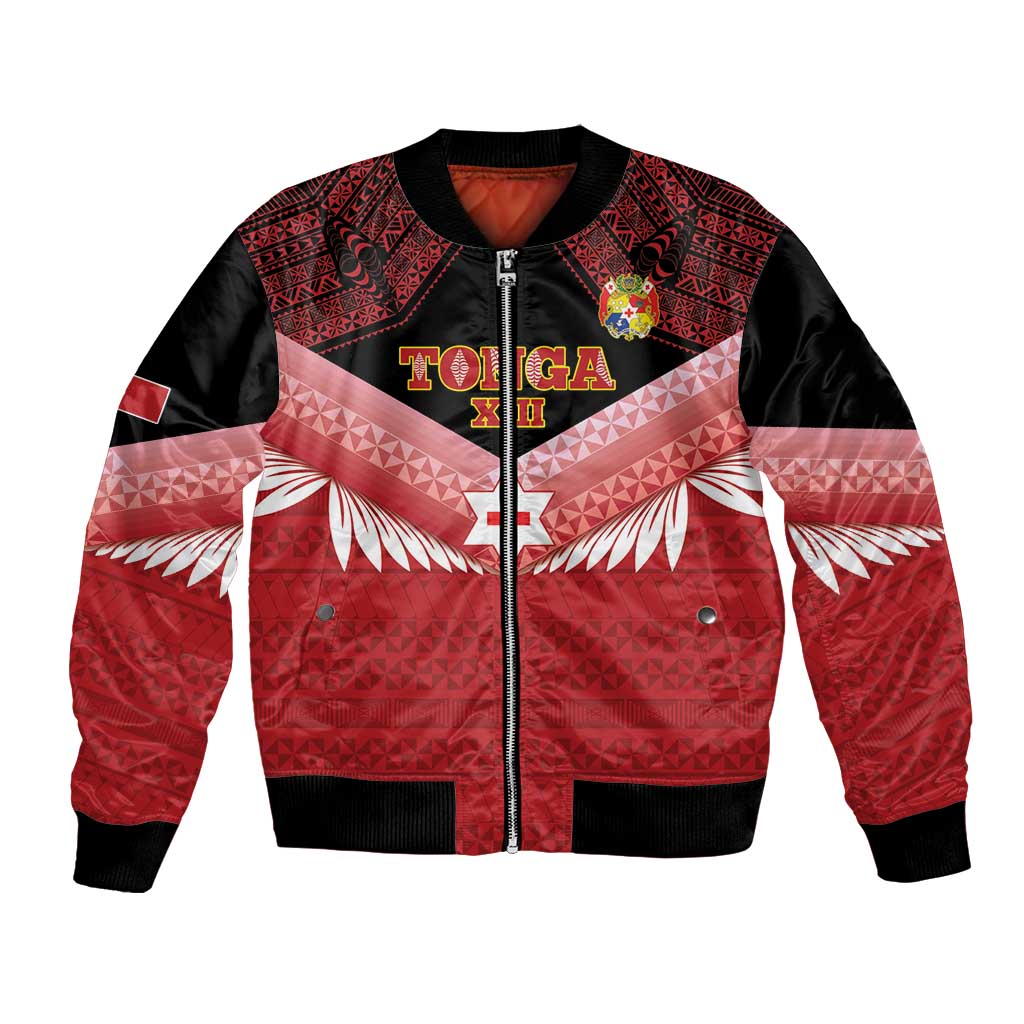 Custom Mate Maa Tonga XIII Bomber Jacket Tongan Kupesi Ngatu - Rugby Style LT14 Unisex Red - Polynesian Pride
