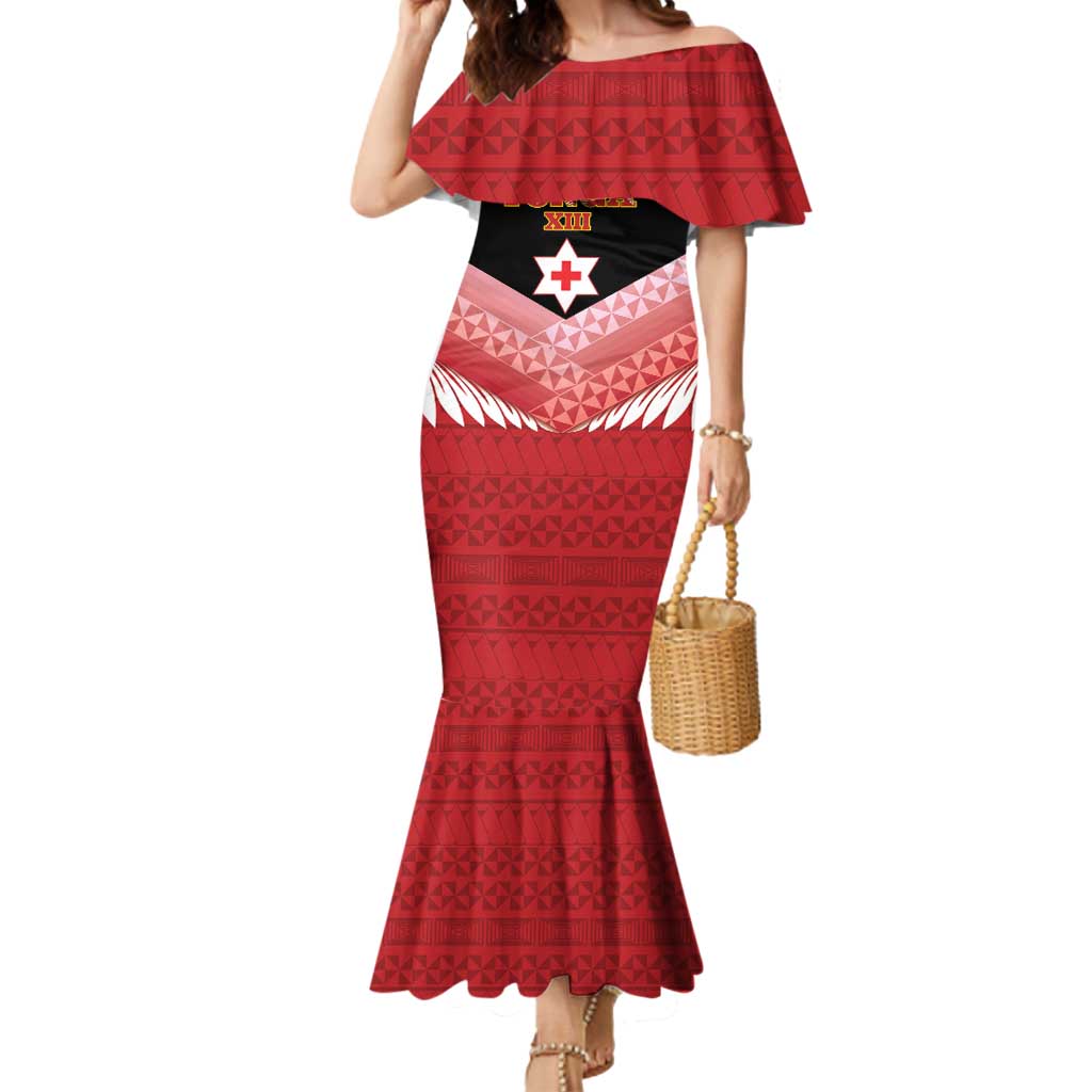 Custom Mate Maa Tonga XIII Mermaid Dress Tongan Kupesi Ngatu - Rugby Style LT14 Women Red - Polynesian Pride