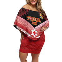 Custom Mate Maa Tonga XIII Off Shoulder Short Dress Tongan Kupesi Ngatu - Rugby Style LT14 Women Red - Polynesian Pride