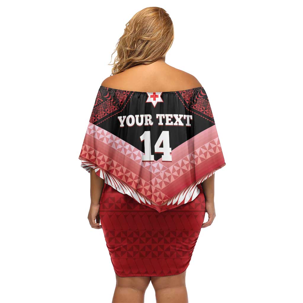 Custom Mate Maa Tonga XIII Off Shoulder Short Dress Tongan Kupesi Ngatu - Rugby Style LT14 - Polynesian Pride
