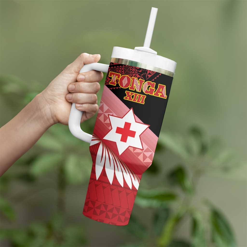Personalised Mate Maa Tonga XIII Tumbler With Handle Tongan Kupesi Ngatu - Rugby Style LT14 - Polynesian Pride