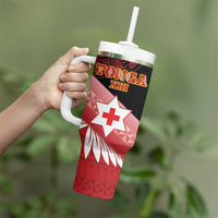 Personalised Mate Maa Tonga XIII Tumbler With Handle Tongan Kupesi Ngatu - Rugby Style LT14 - Polynesian Pride