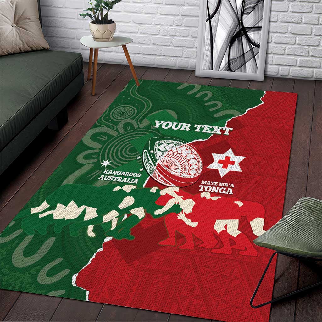 Custom Tonga And Australia Rugby Area Rug Mate Maa Tongan Ngatu Mix Kangaroos Aboriginal LT14 Green - Polynesian Pride
