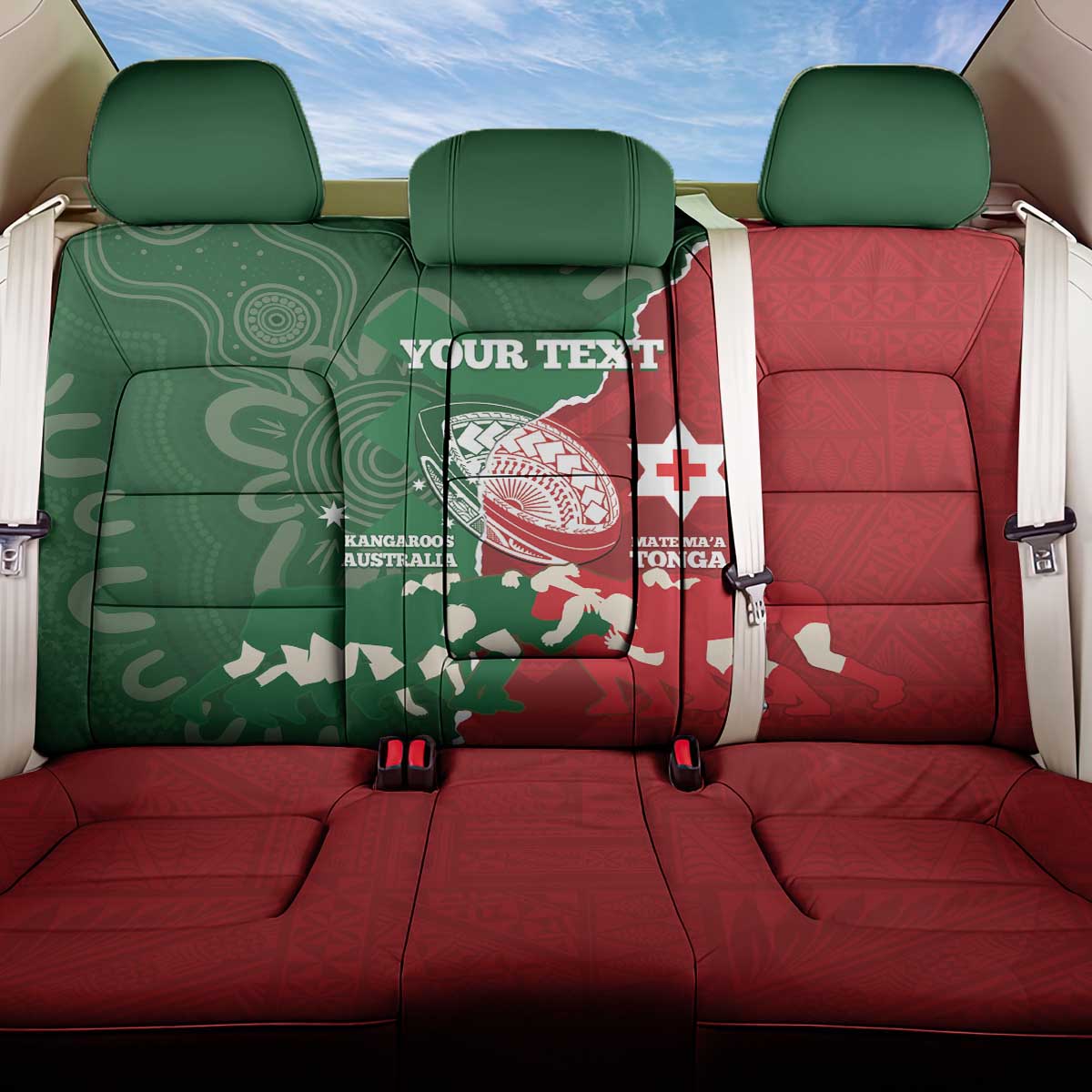 Custom Tonga And Australia Rugby Back Car Seat Cover Mate Maa Tongan Ngatu Mix Kangaroos Aboriginal LT14 One Size Green - Polynesian Pride