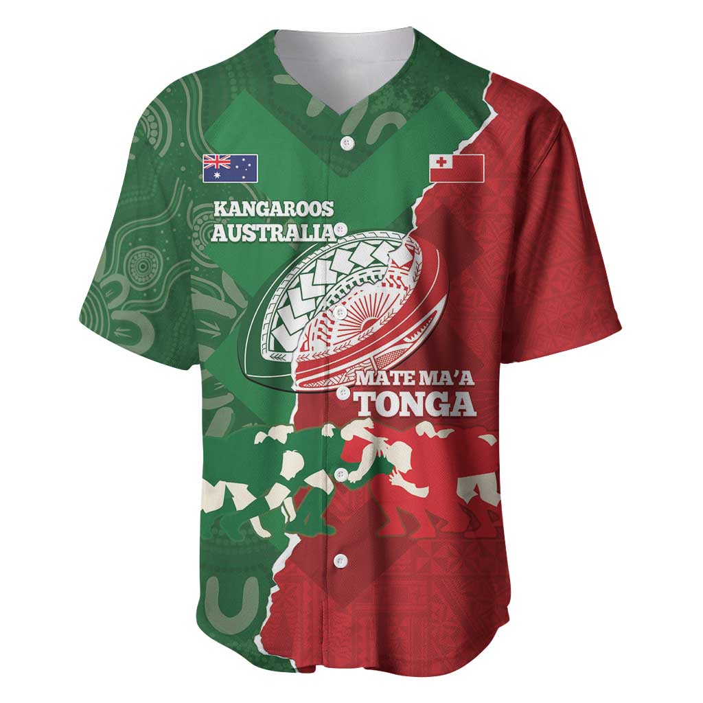 Custom Tonga And Australia Rugby Baseball Jersey Mate Maa Tongan Ngatu Mix Kangaroos Aboriginal LT14 Green - Polynesian Pride