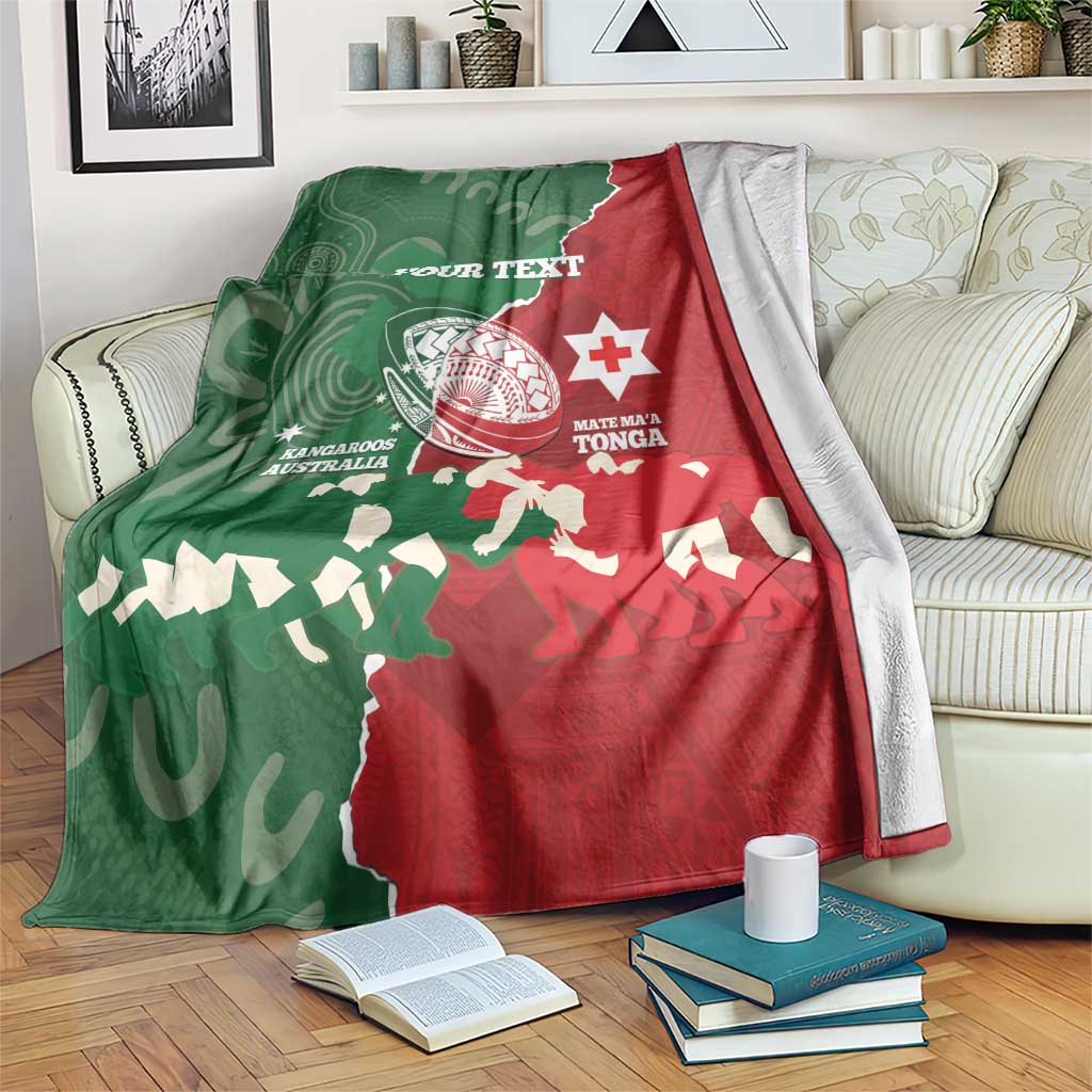Custom Tonga And Australia Rugby Blanket Mate Maa Tongan Ngatu Mix Kangaroos Aboriginal LT14 Green - Polynesian Pride