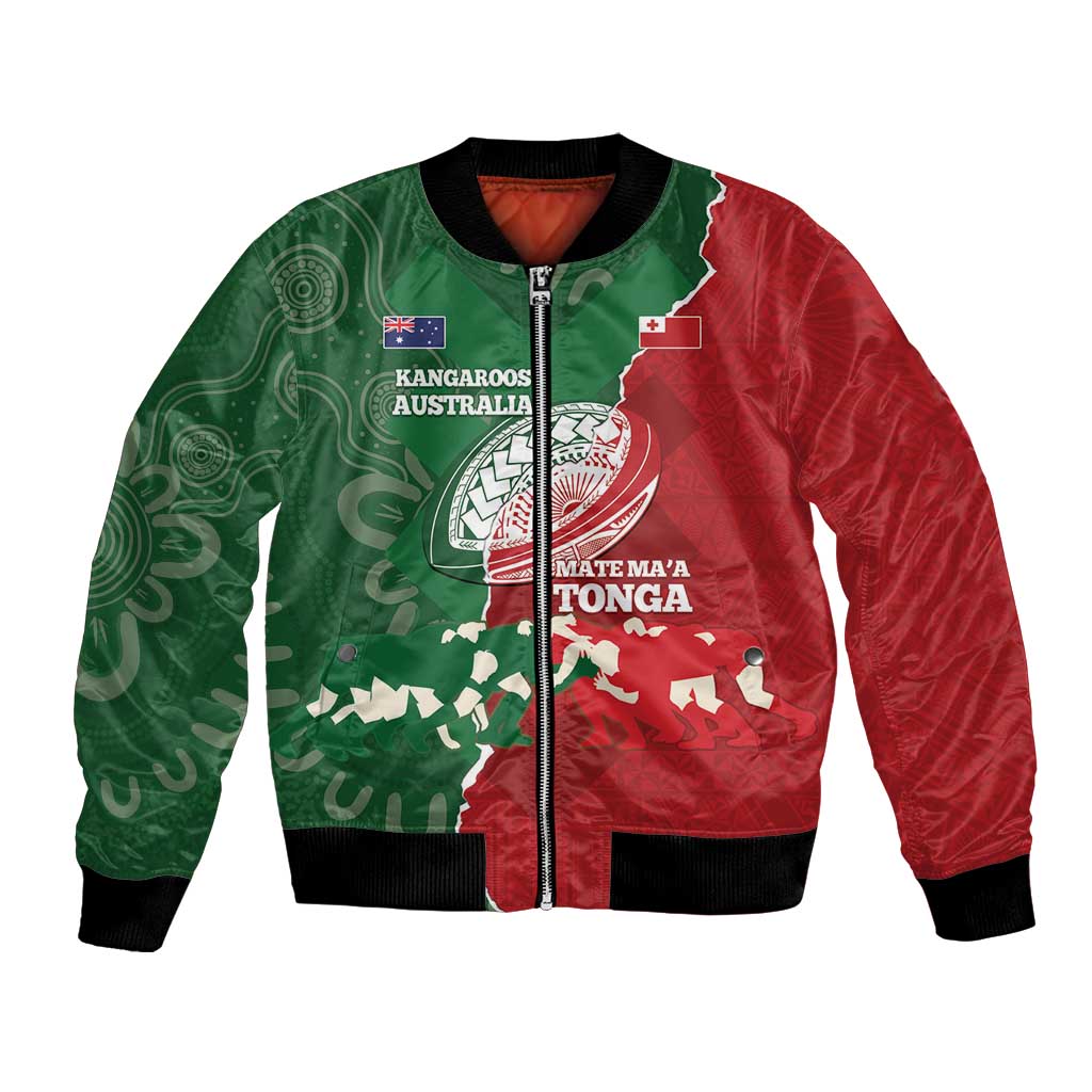 Custom Tonga And Australia Rugby Bomber Jacket Mate Maa Tongan Ngatu Mix Kangaroos Aboriginal LT14 Unisex Green - Polynesian Pride