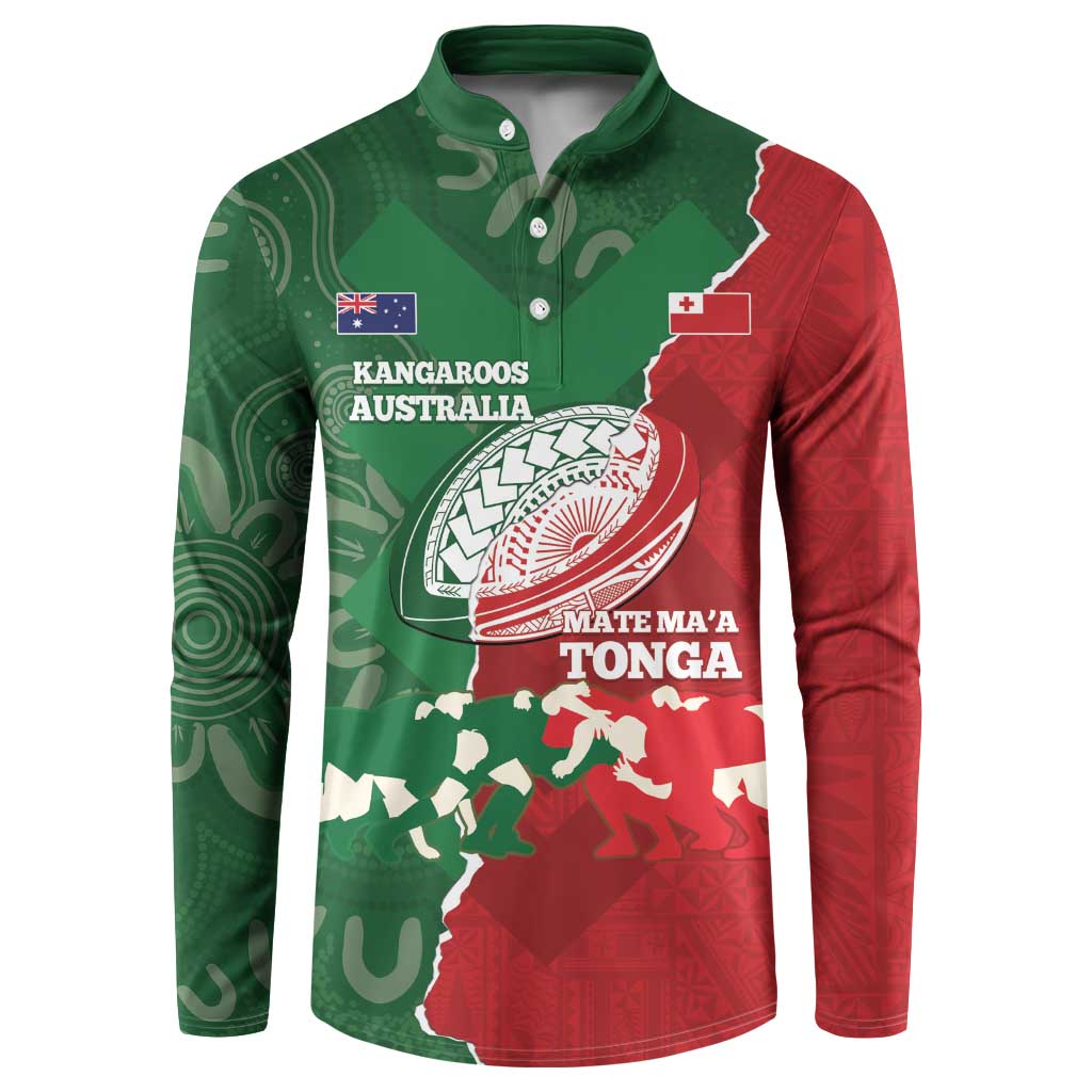 Custom Tonga And Australia Rugby Button Sweatshirt Mate Maa Tongan Ngatu Mix Kangaroos Aboriginal LT14 Green - Polynesian Pride