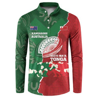 Custom Tonga And Australia Rugby Button Sweatshirt Mate Maa Tongan Ngatu Mix Kangaroos Aboriginal LT14 Green - Polynesian Pride