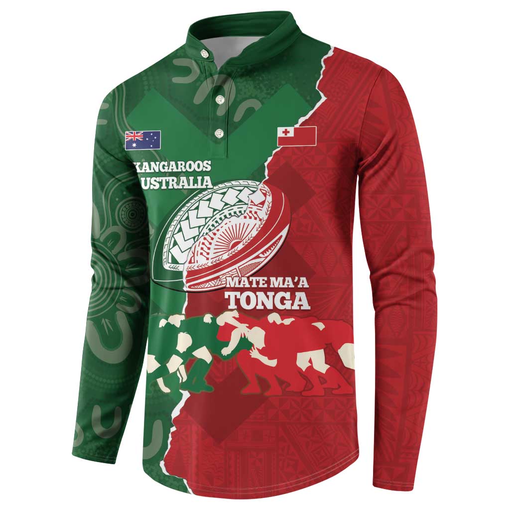 Custom Tonga And Australia Rugby Button Sweatshirt Mate Maa Tongan Ngatu Mix Kangaroos Aboriginal LT14 - Polynesian Pride