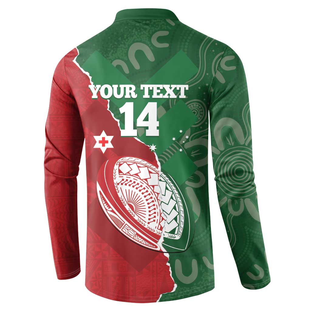 Custom Tonga And Australia Rugby Button Sweatshirt Mate Maa Tongan Ngatu Mix Kangaroos Aboriginal LT14 - Polynesian Pride