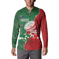 Custom Tonga And Australia Rugby Button Sweatshirt Mate Maa Tongan Ngatu Mix Kangaroos Aboriginal LT14 - Polynesian Pride