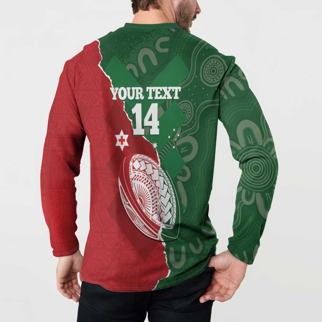 Custom Tonga And Australia Rugby Button Sweatshirt Mate Maa Tongan Ngatu Mix Kangaroos Aboriginal LT14 - Polynesian Pride
