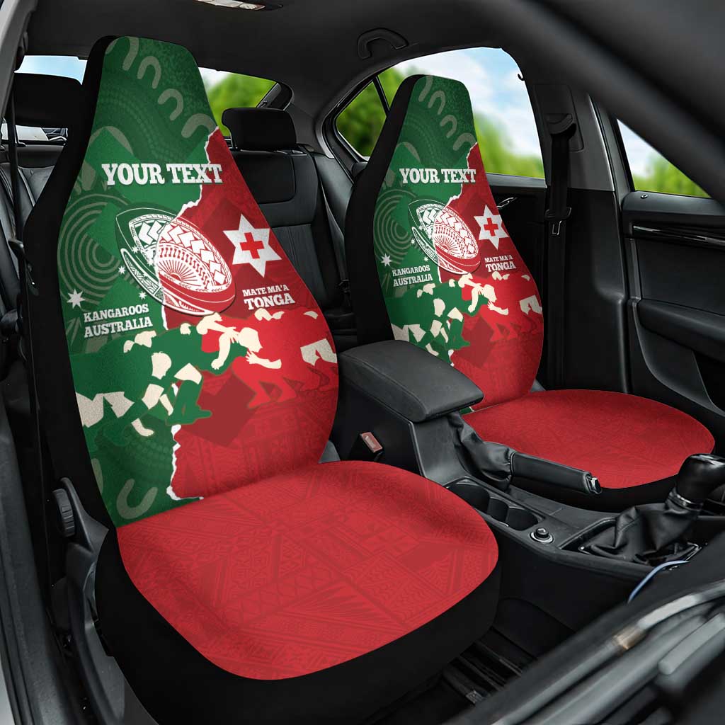 Custom Tonga And Australia Rugby Car Seat Cover Mate Maa Tongan Ngatu Mix Kangaroos Aboriginal LT14 One Size Green - Polynesian Pride