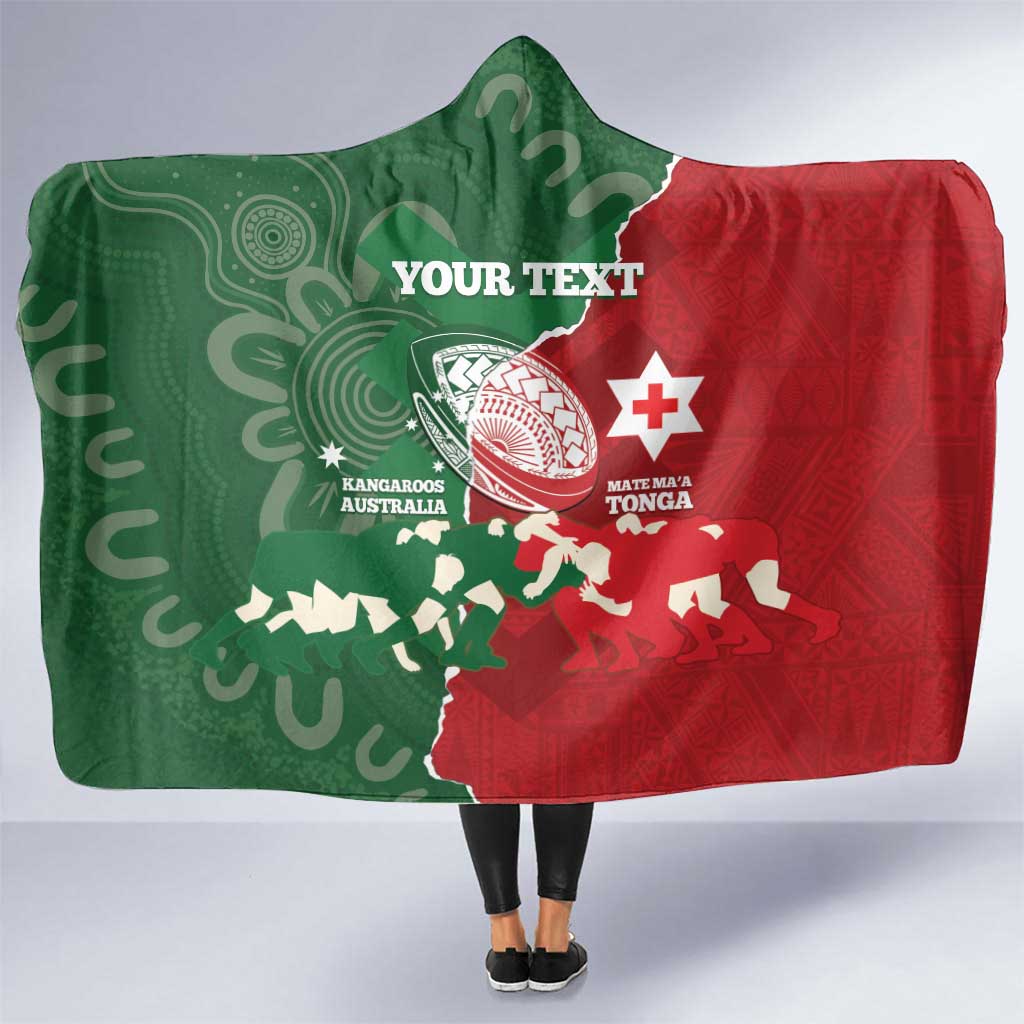 Custom Tonga And Australia Rugby Hooded Blanket Mate Maa Tongan Ngatu Mix Kangaroos Aboriginal LT14 One Size Green - Polynesian Pride