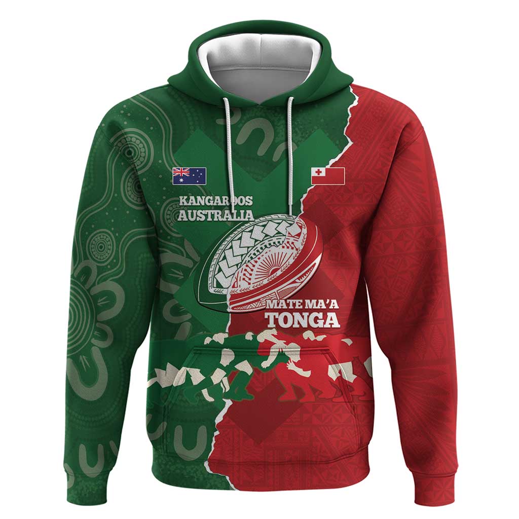 Custom Tonga And Australia Rugby Hoodie Mate Maa Tongan Ngatu Mix Kangaroos Aboriginal LT14 Pullover Hoodie Green - Polynesian Pride