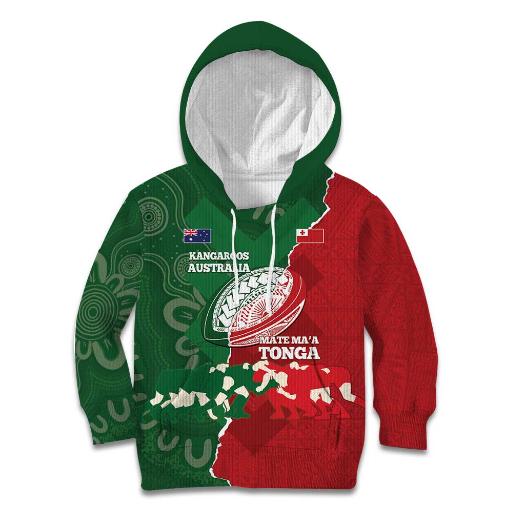 Custom Tonga And Australia Rugby Kid Hoodie Mate Maa Tongan Ngatu Mix Kangaroos Aboriginal LT14 Hoodie Green - Polynesian Pride