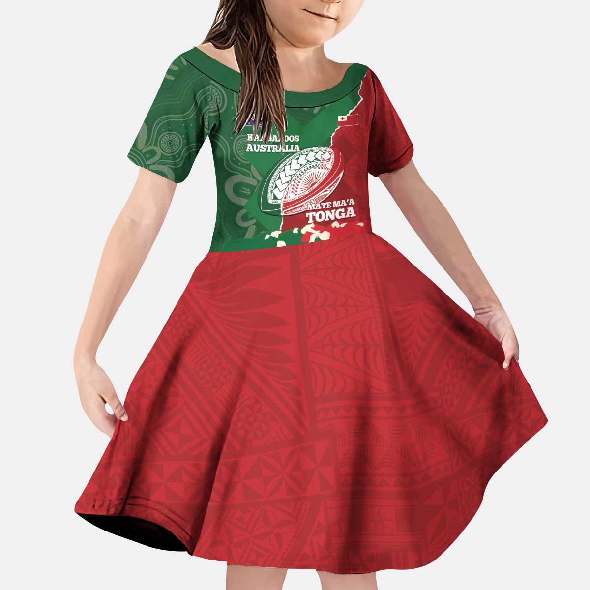 Custom Tonga And Australia Rugby Kid Short Sleeve Dress Mate Maa Tongan Ngatu Mix Kangaroos Aboriginal LT14 KID Green - Polynesian Pride