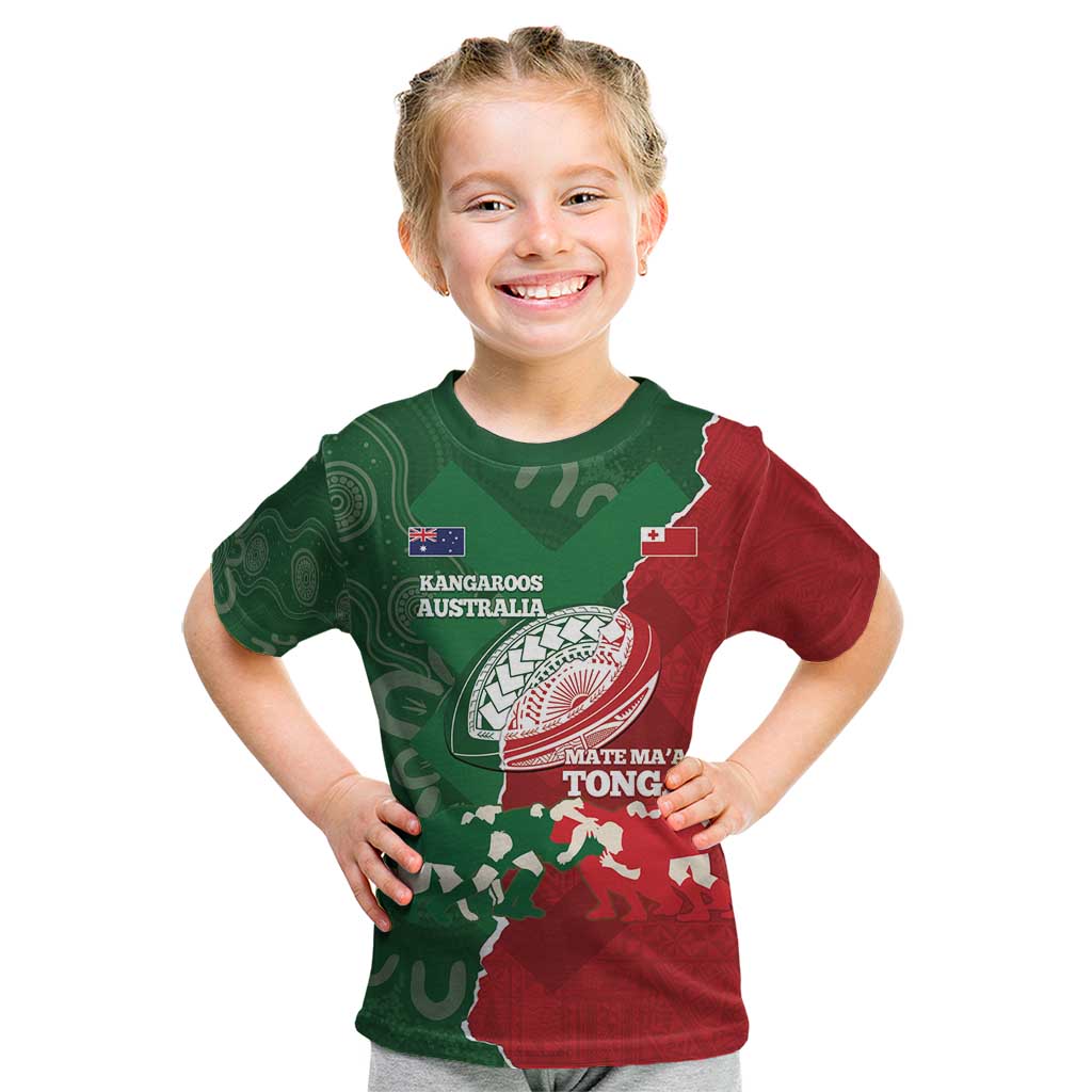 Custom Tonga And Australia Rugby Kid T Shirt Mate Maa Tongan Ngatu Mix Kangaroos Aboriginal LT14 Green - Polynesian Pride