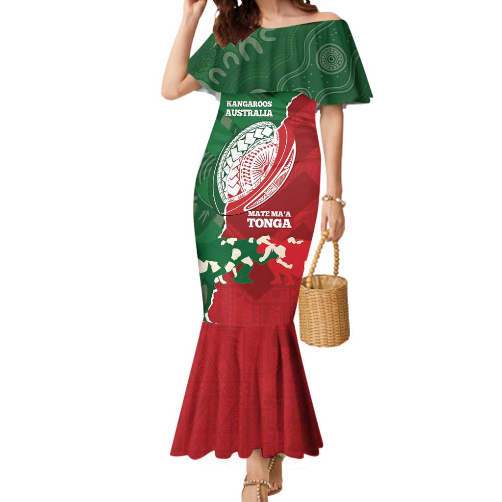 Custom Tonga And Australia Rugby Mermaid Dress Mate Maa Tongan Ngatu Mix Kangaroos Aboriginal LT14 Women Green - Polynesian Pride