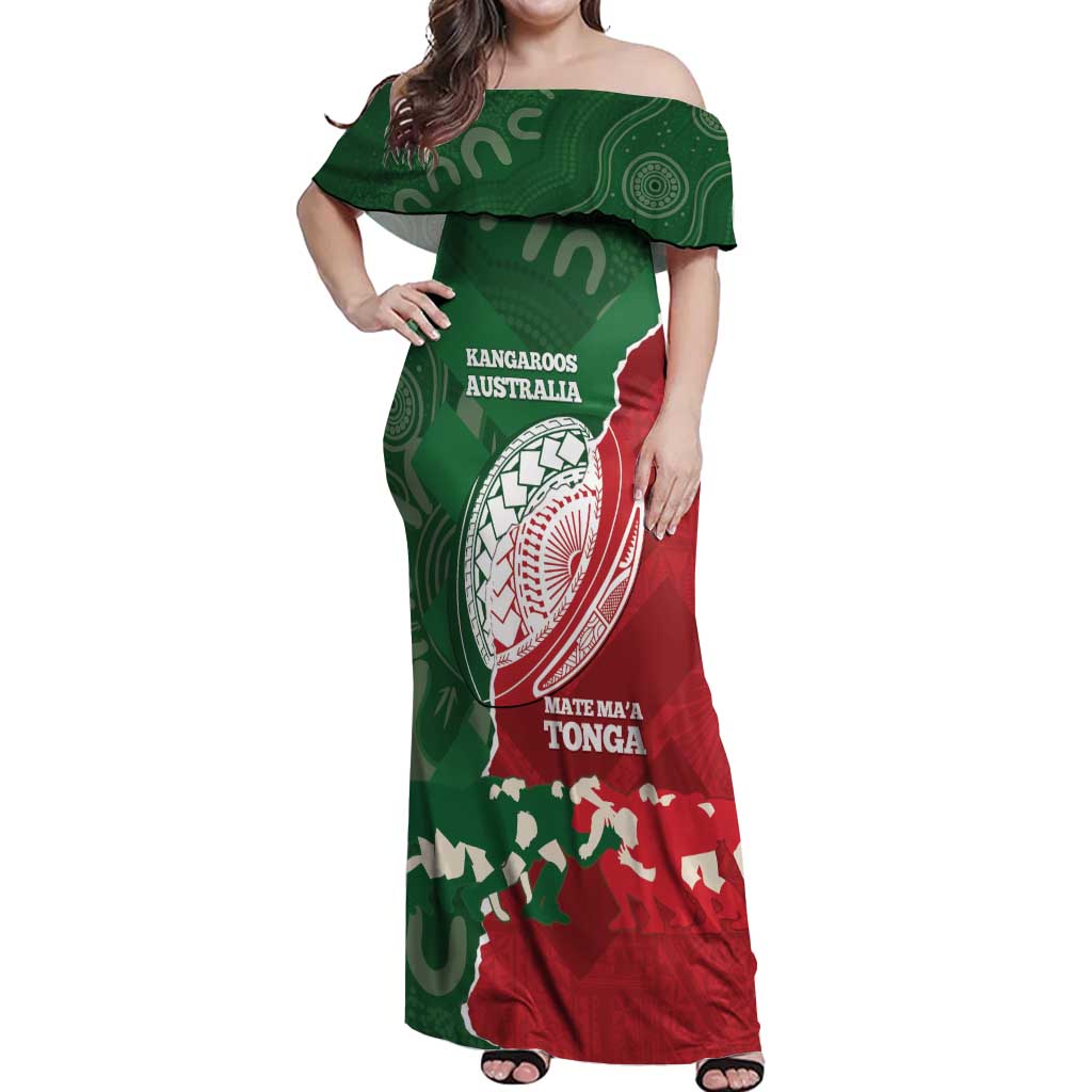 Custom Tonga And Australia Rugby Off Shoulder Maxi Dress Mate Maa Tongan Ngatu Mix Kangaroos Aboriginal LT14 Women Green - Polynesian Pride