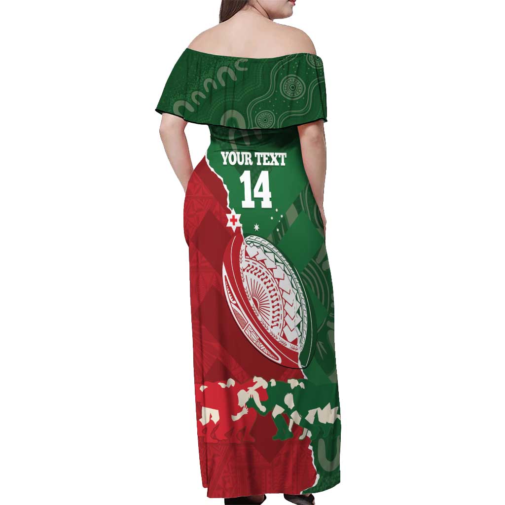 Custom Tonga And Australia Rugby Off Shoulder Maxi Dress Mate Maa Tongan Ngatu Mix Kangaroos Aboriginal LT14 - Polynesian Pride