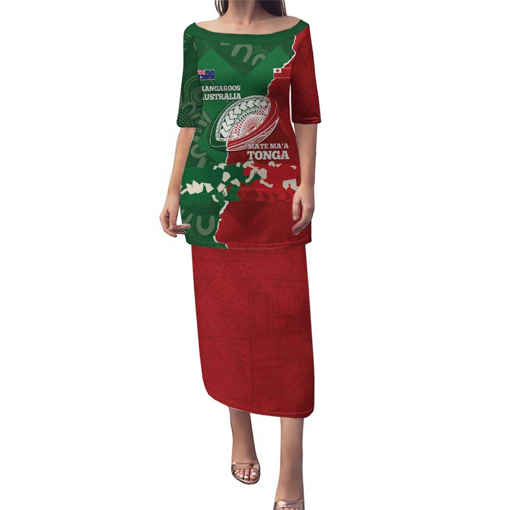 Custom Tonga And Australia Rugby Puletasi Mate Maa Tongan Ngatu Mix Kangaroos Aboriginal LT14 Long Dress Green - Polynesian Pride