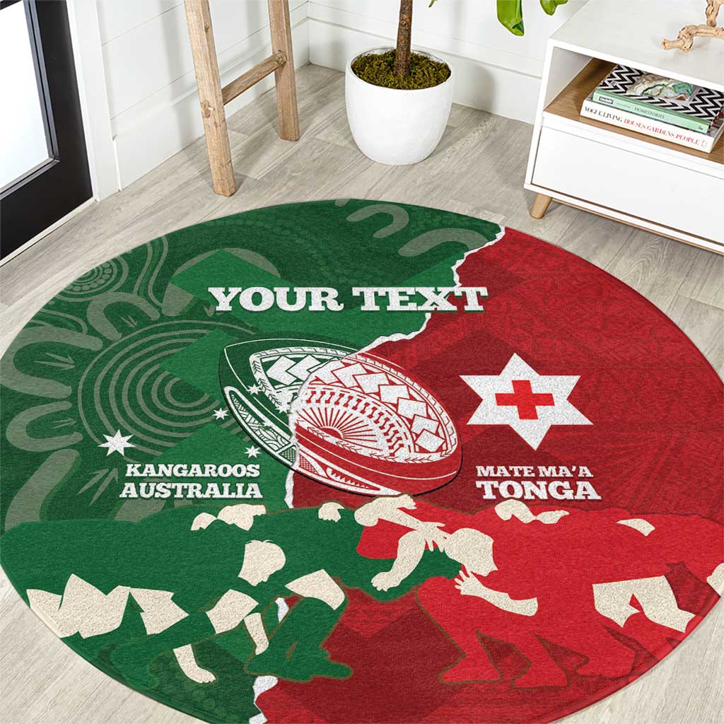 Custom Tonga And Australia Rugby Round Carpet Mate Maa Tongan Ngatu Mix Kangaroos Aboriginal LT14 Green - Polynesian Pride