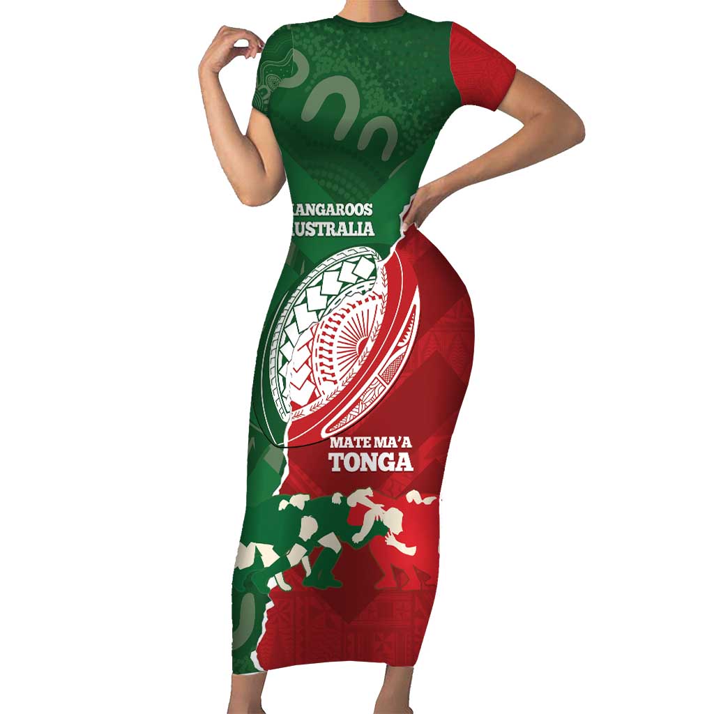 Custom Tonga And Australia Rugby Short Sleeve Bodycon Dress Mate Maa Tongan Ngatu Mix Kangaroos Aboriginal LT14 Long Dress Green - Polynesian Pride
