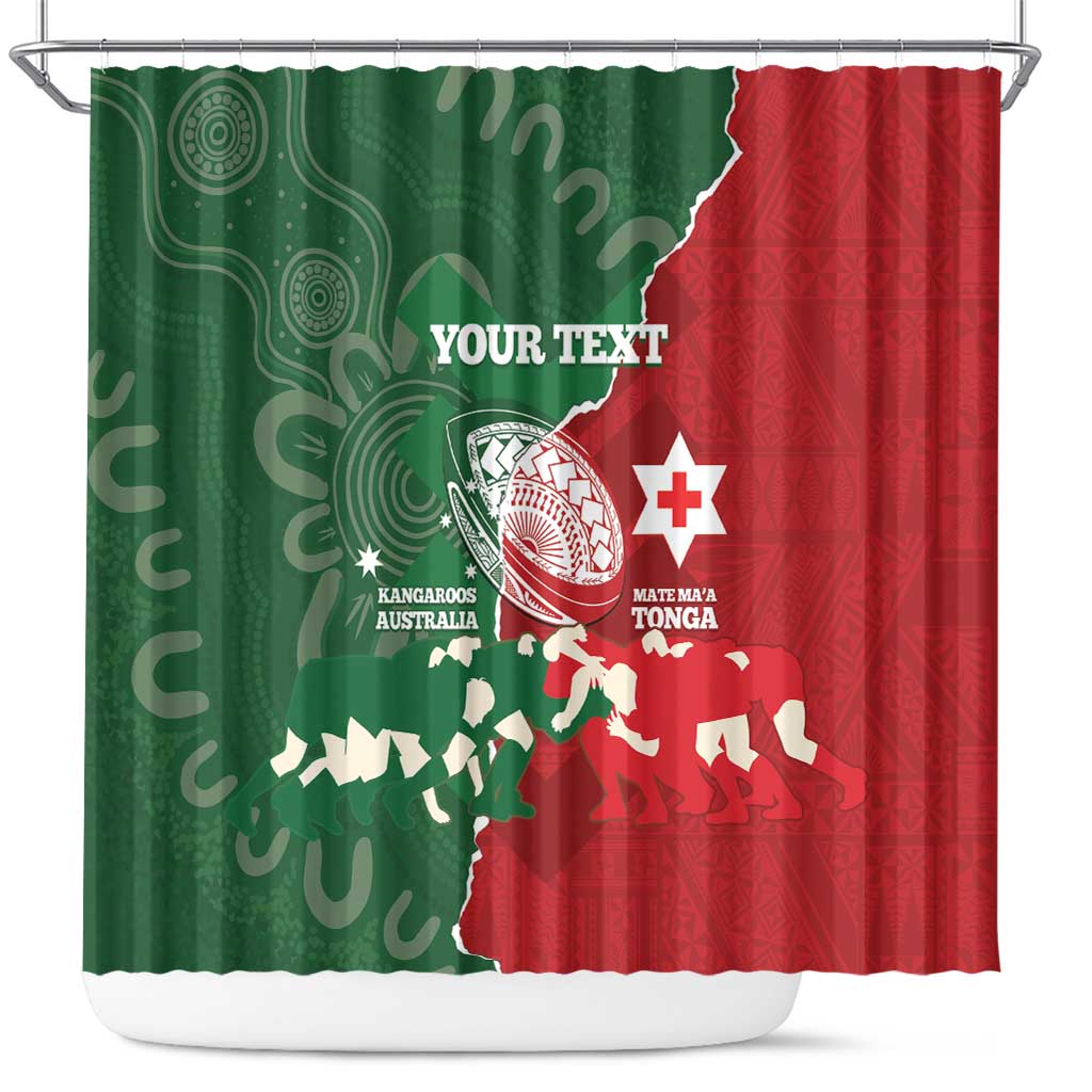 Custom Tonga And Australia Rugby Shower Curtain Mate Maa Tongan Ngatu Mix Kangaroos Aboriginal LT14 Green - Polynesian Pride