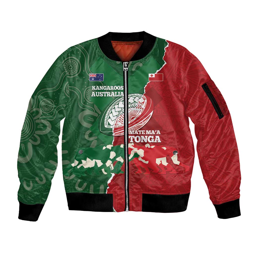 Custom Tonga And Australia Rugby Sleeve Zip Bomber Jacket Mate Maa Tongan Ngatu Mix Kangaroos Aboriginal LT14 Unisex Green - Polynesian Pride