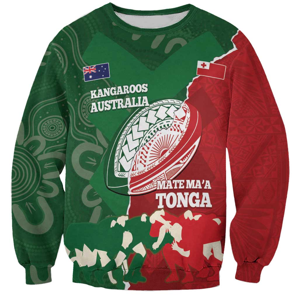 Custom Tonga And Australia Rugby Sweatshirt Mate Maa Tongan Ngatu Mix Kangaroos Aboriginal LT14 Unisex Green - Polynesian Pride