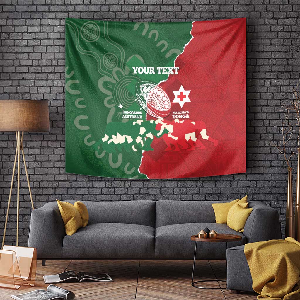 Custom Tonga And Australia Rugby Tapestry Mate Maa Tongan Ngatu Mix Kangaroos Aboriginal LT14 Green - Polynesian Pride