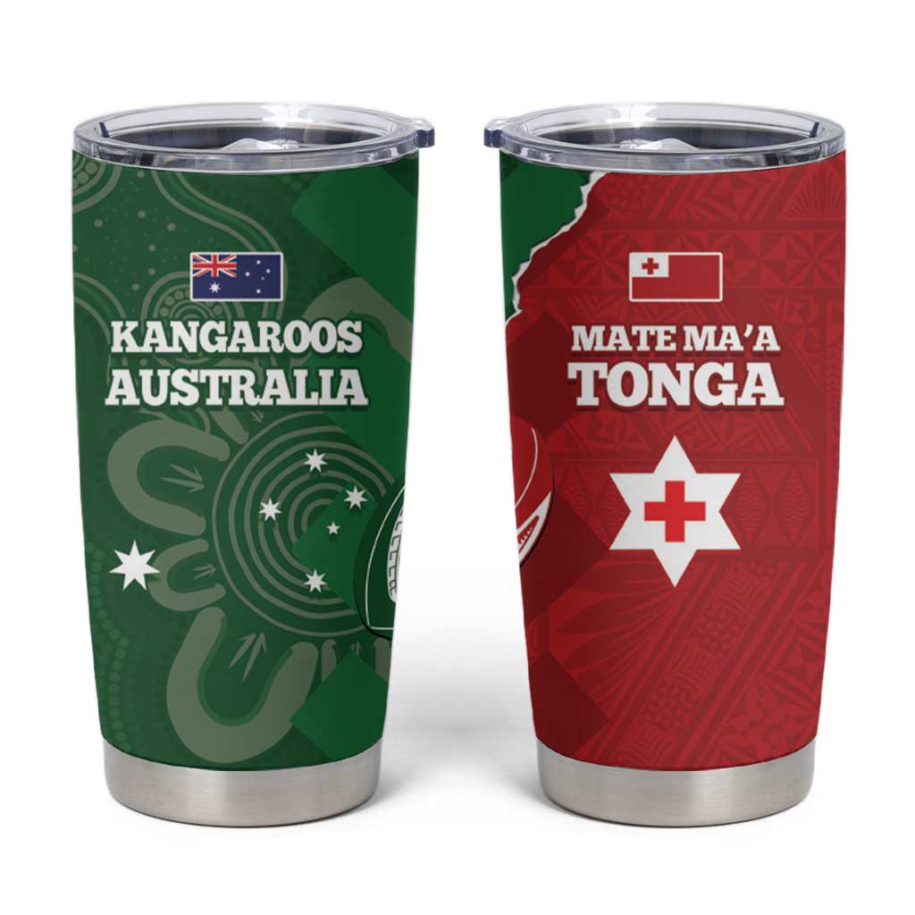 Tonga And Australia Rugby Tumbler Cup Mate Maa Tongan Ngatu Mix Kangaroos Aboriginal LT14 Green - Polynesian Pride