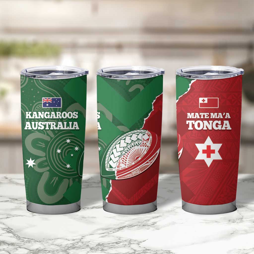 Tonga And Australia Rugby Tumbler Cup Mate Maa Tongan Ngatu Mix Kangaroos Aboriginal LT14 - Polynesian Pride