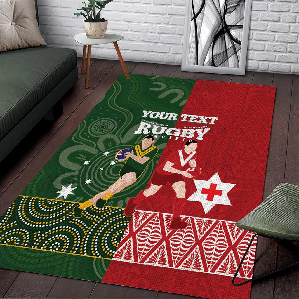 Custom Mate Maa Tonga And Kangaroo Australia Area Rug Tongan Kupesi Mix Aboriginal Art LT14 Green - Polynesian Pride