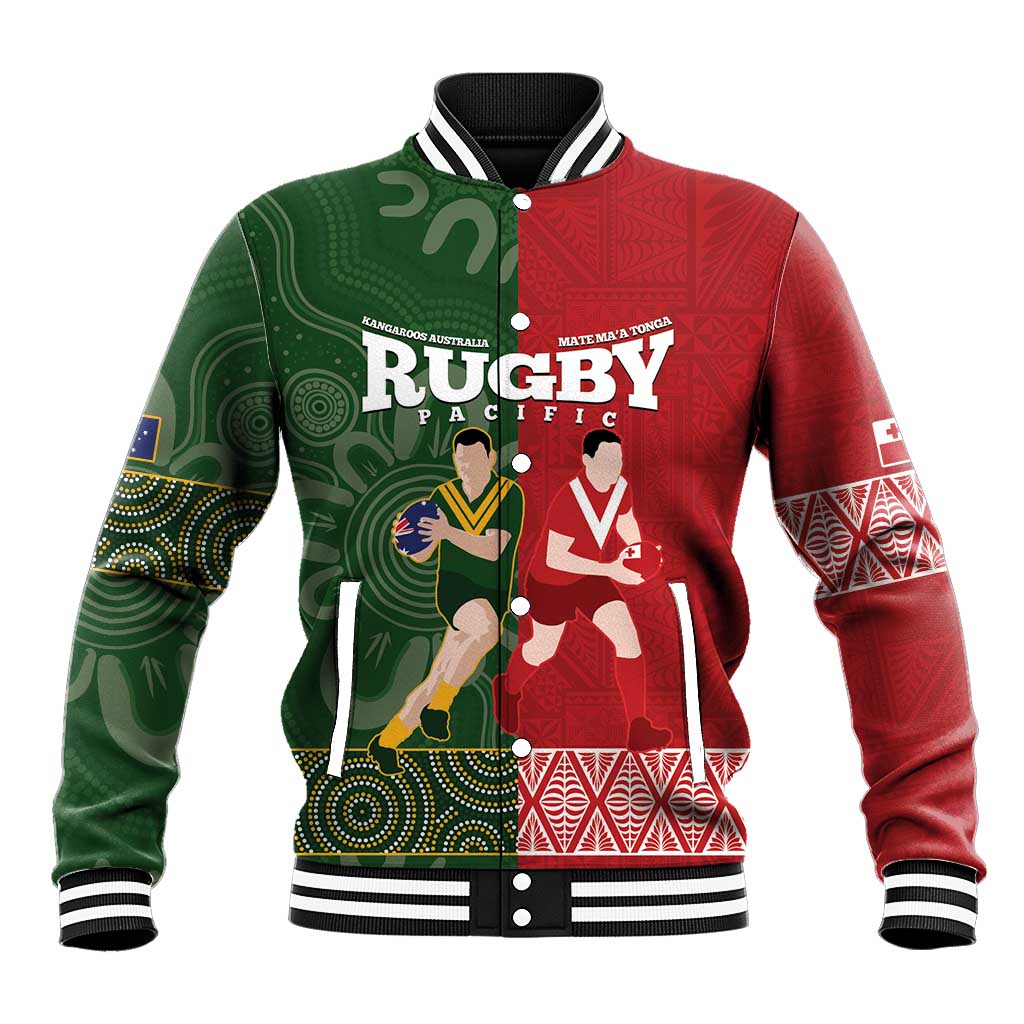 Custom Mate Maa Tonga And Kangaroo Australia Baseball Jacket Tongan Kupesi Mix Aboriginal Art LT14 Unisex Green - Polynesian Pride