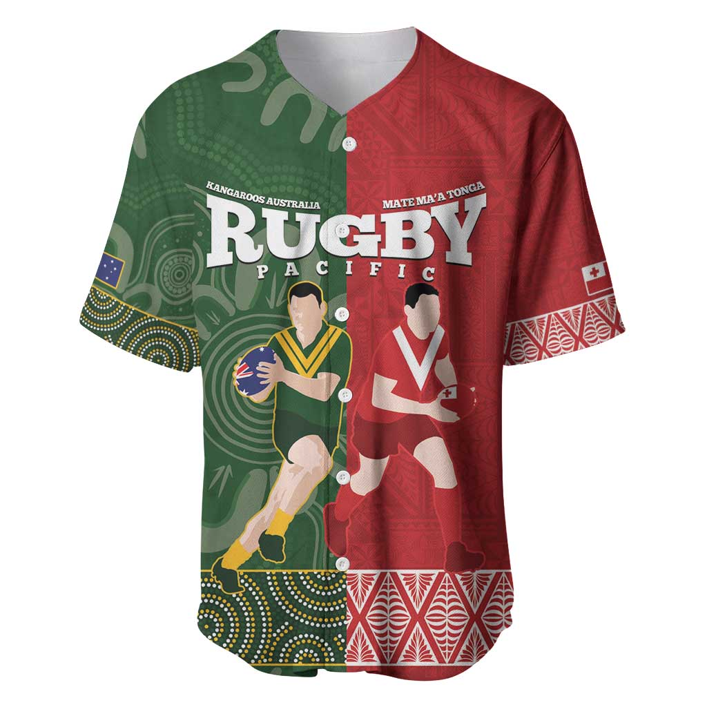 Custom Mate Maa Tonga And Kangaroo Australia Baseball Jersey Tongan Kupesi Mix Aboriginal Art LT14 Green - Polynesian Pride