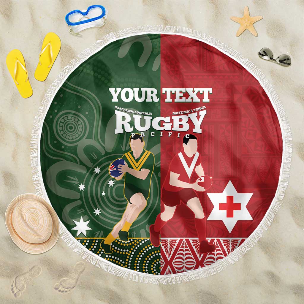 Custom Mate Maa Tonga And Kangaroo Australia Beach Blanket Tongan Kupesi Mix Aboriginal Art LT14 One Size 150cm Green - Polynesian Pride